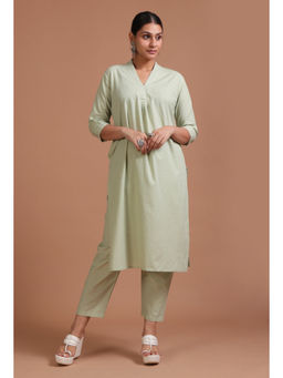 Tjori - Mint Green Cotton Plain Kurta & Pant (Set of 2)