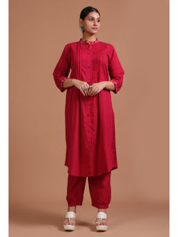 Tjori - Red Cotton Plain Kurta & Pant (Set of 2)