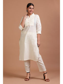 Tjori - Off White Cotton Embroidered Kurta & Pant (Set of 2)