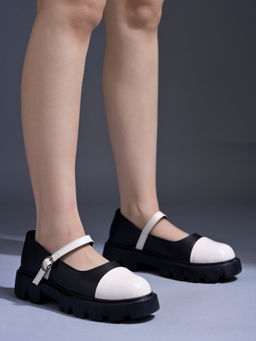 Shoetopia - Women Stylish Solid Buckle Detailed White & Black Ballerinas