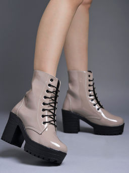 Shoetopia - Women Lace Up Block Heeled Western Grey Casual Boots