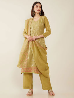 Soch - Green Machine Embroidery Silk Unstitched Dress Material - 3 Meter Kurta Fabric