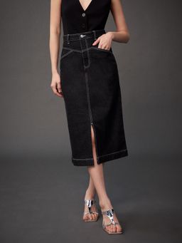 Pomelo - Front Split Denim Midi Skirt - Black