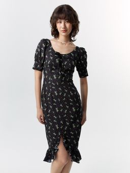 Pomelo - Puffed Sleeve Floral Knee Dress - Black