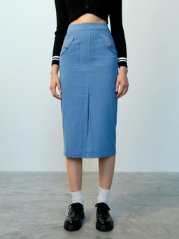 Pomelo - Front-Split Pocket Detail Denim Pencil Midi Skirt - Blue