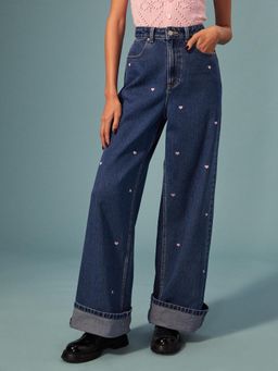 Pomelo - Heart Embroidered Wide-Leg Jeans - Blue
