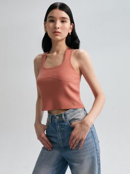 Pomelo - Knitted Tank Top with Criss-Cross String Detail - Brown