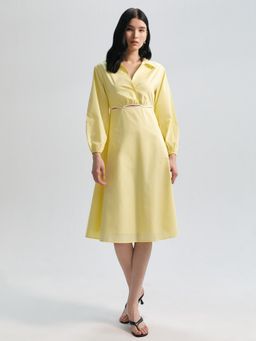 Pomelo - Cuffed Sleeve Midi Dress with Cut Out Detail - Yellow