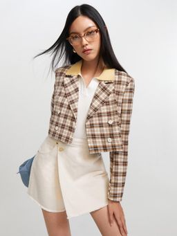Pomelo - Plaid Double Breast Cropped Blazer - Beige