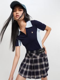 Pomelo - Plaid Tennis Mini Skirt with Double Belt Detail - Navy