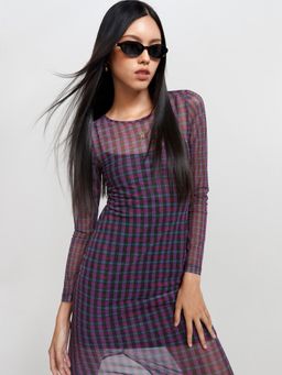 Pomelo - Semi See-Through Plaid Long Sleeve Midi Dress - Multi Color