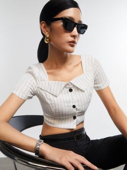 Pomelo - Pin Stripe Cropped Button Top- White