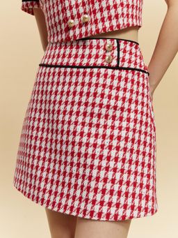 Pomelo - Houndstooth Printed Mini Skirt with Pearl Button - Red