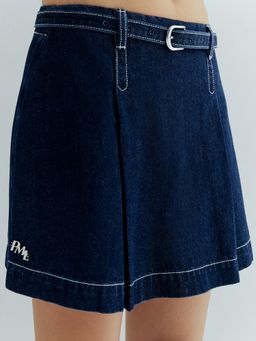 Pomelo - Contrast Stitching Detail Denim Skorts with Belt - Navy Blue