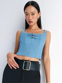 Pomelo - Double Buckle Belt Detail Denim Crop Top - Light Blue