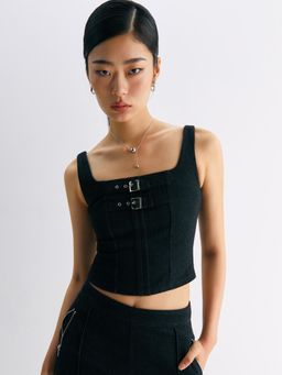 Pomelo - Double Buckle Belt Detail Denim Crop Top - Black