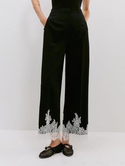 Pomelo - Floral Lace Hem Pants - Black