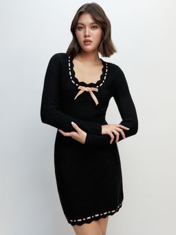 Pomelo - Long Sleeve A-Line Knitted Mini Dress with Ribbon Detail - Black