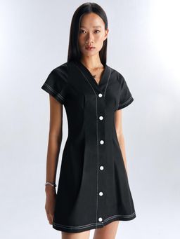 Pomelo - Stripe Detail Short-Sleeve Button Shirt Mini Dress - Black