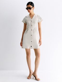 Pomelo - Short-Sleeve Button Shirt Mini Dress - Ivory