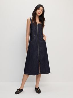 Pomelo - Front Zipper Denim Midi Dress - Dark Blue