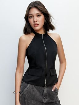 Pomelo - Zipper Halter Top with Pocket Detail - Black