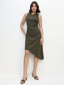 Pomelo - Oblique Hem Midi Dress - Olive