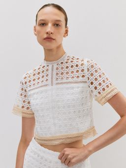 Pomelo - Embellished Laser Cut Short Sleeve Crop Top - White Cream