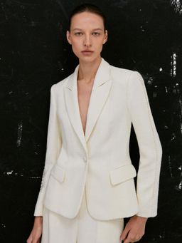 Pomelo - Pearl Embellished Detail Tweed Blazer - Cream