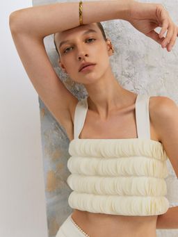 Pomelo - Layered Circle-Crepe Square Neck Crop Top - Cream