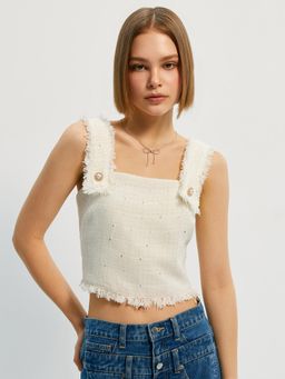 Pomelo - Tweed Square Neck Crops Top - Cream