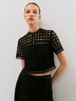 Pomelo - Embellished Laser Cut Short Sleeve Top - Black