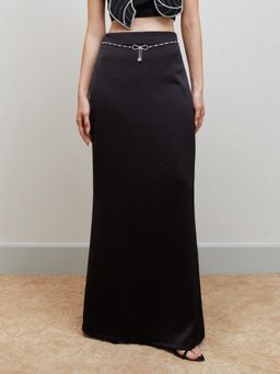 Pomelo - Rhinestone Embellished Satin Maxi Skirt - Black
