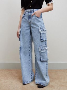 Pomelo - Lace Trim Pocket Cargo Jeans - Blue