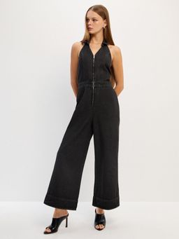Pomelo - Denim Front Zipper Jumpsuit - Black