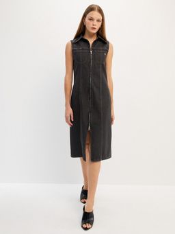 Pomelo - Denim Front Zipper Midi Dress - Black