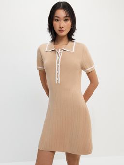 Pomelo - Contrast Trim Knitted Polo Mini Dress - Beige