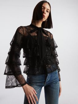 Pomelo - Sequin Embellished Detail Ruffled Lace Top - Black