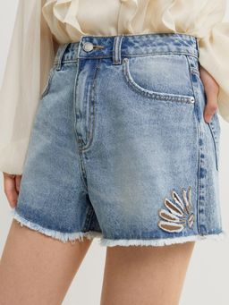Pomelo - Cutout Hem Shorts - Light Blue