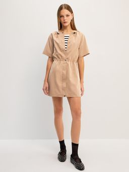 Pomelo - Ruched Drawstring Short Sleeve Mini Dress - Beige