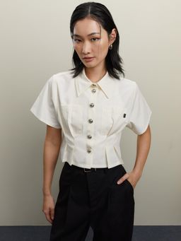 Pomelo - Pleated Button Up Crop Top - Cream