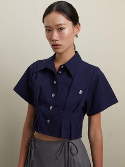 Pomelo - Pleated Button Up Crop Top - Navy Blue