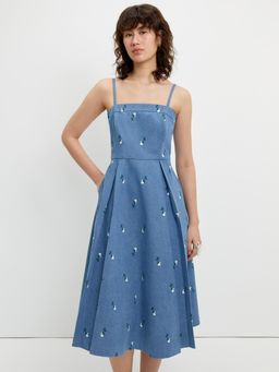 Pomelo - Floral Embroidery Dress - Blue