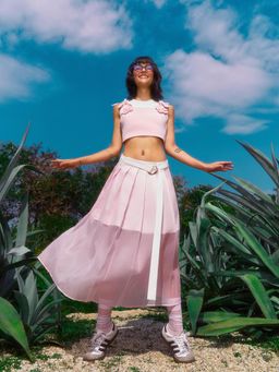 Pomelo - Pleated Layered Midi Skirt with Belt - Pink