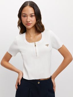 Pomelo - Zippered Ribbed Top - Off White