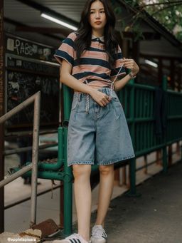 Pomelo - Lace Trim Bermuda Shorts - Blue
