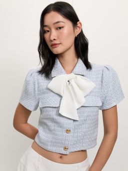 Pomelo - Tweed Bow Tie Top - Baby Blue