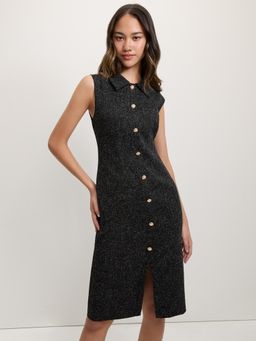 Pomelo - Tweed Front Slit Dress - Black