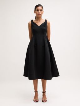 Pomelo - V-Neck Flared Dress - Black
