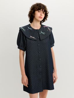 Pomelo - Bow Polka Dot Mini Dress - Navy Blue